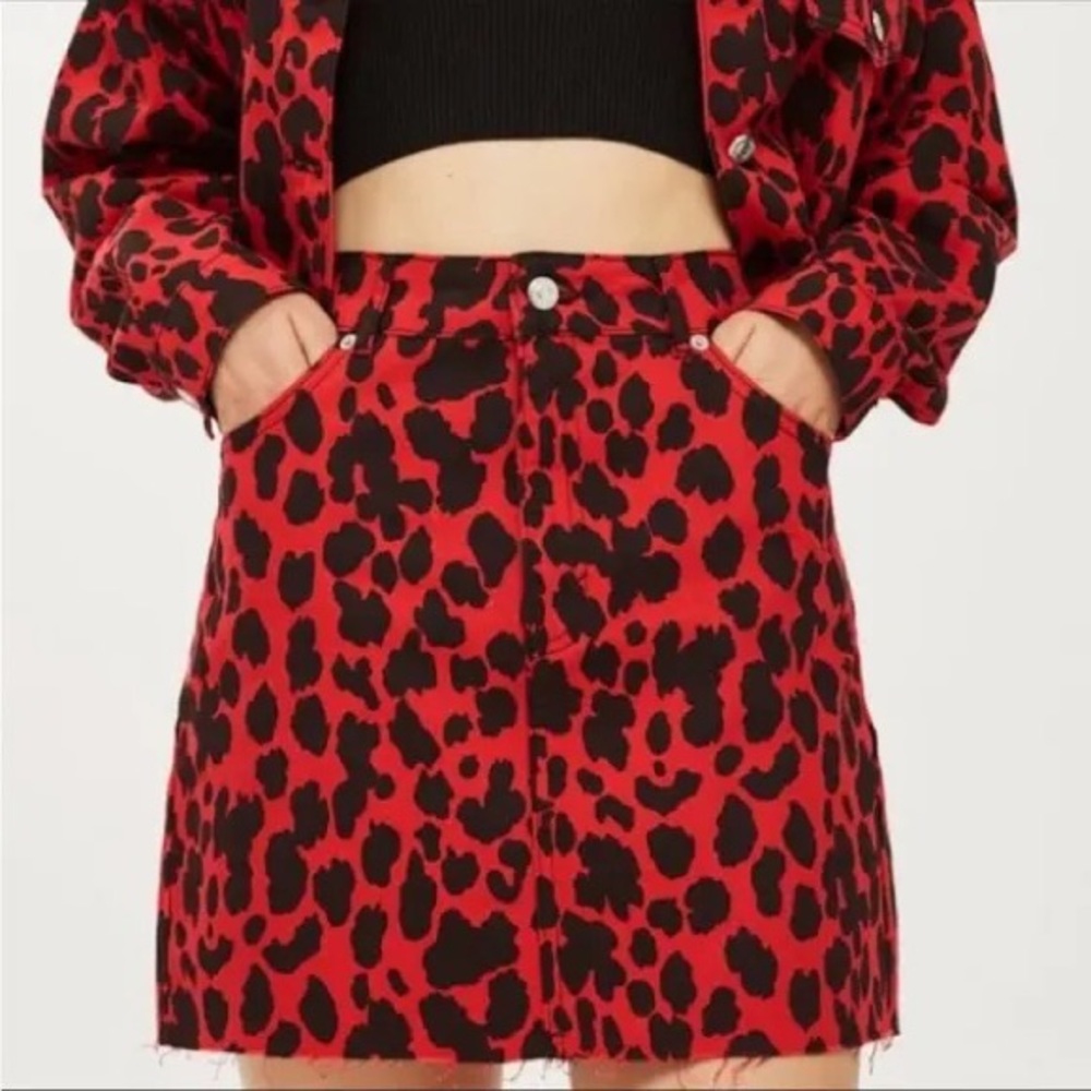 Topshop Red Cheetah Denim Skirt (size 12)